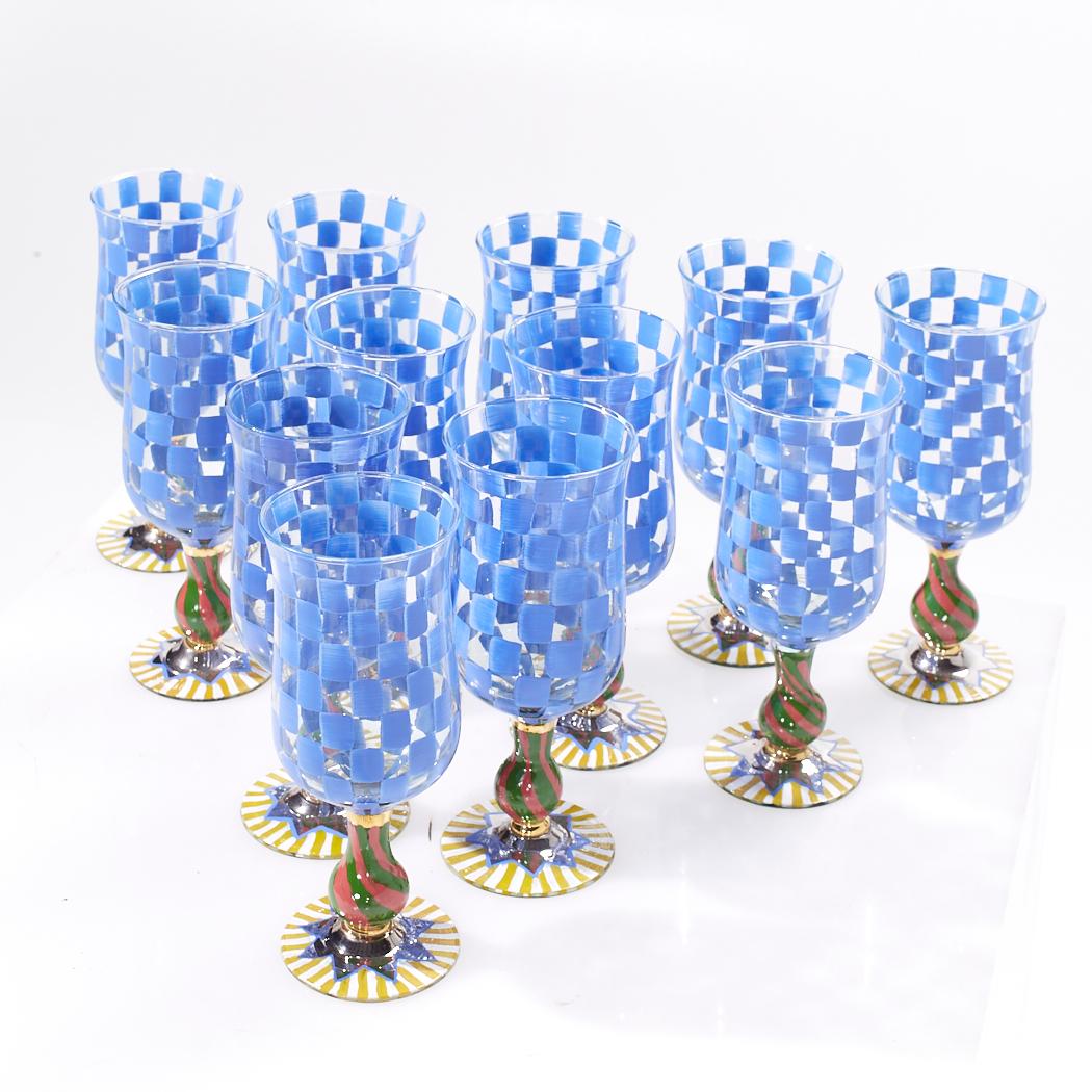 Mackenzie Childs Blue Check Hand Painted Circus Wine Water Glass Goblets - 12 In Good Condition For Sale In Countryside, IL