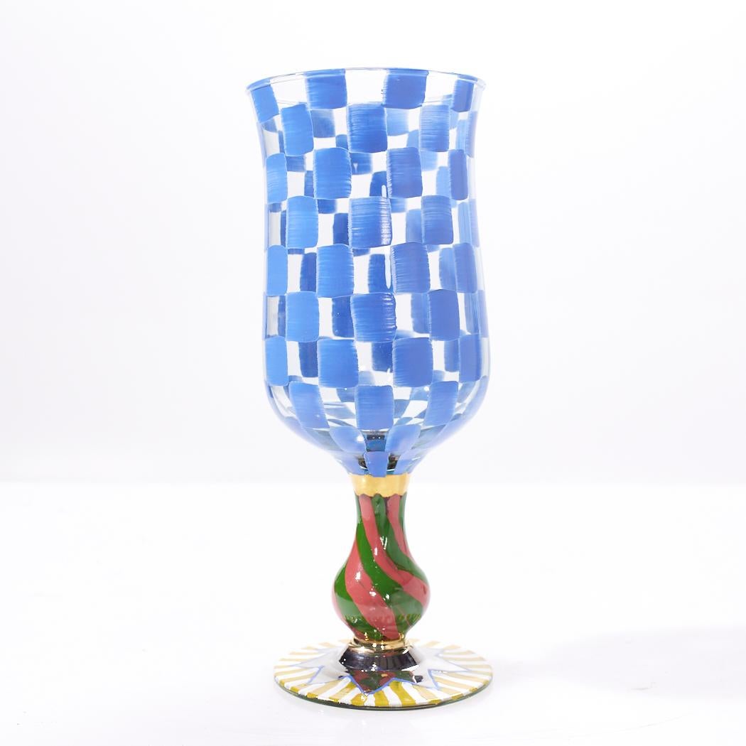 Contemporary Mackenzie Childs Blue Check Hand Painted Circus Wine Water Glass Goblets - 12 For Sale