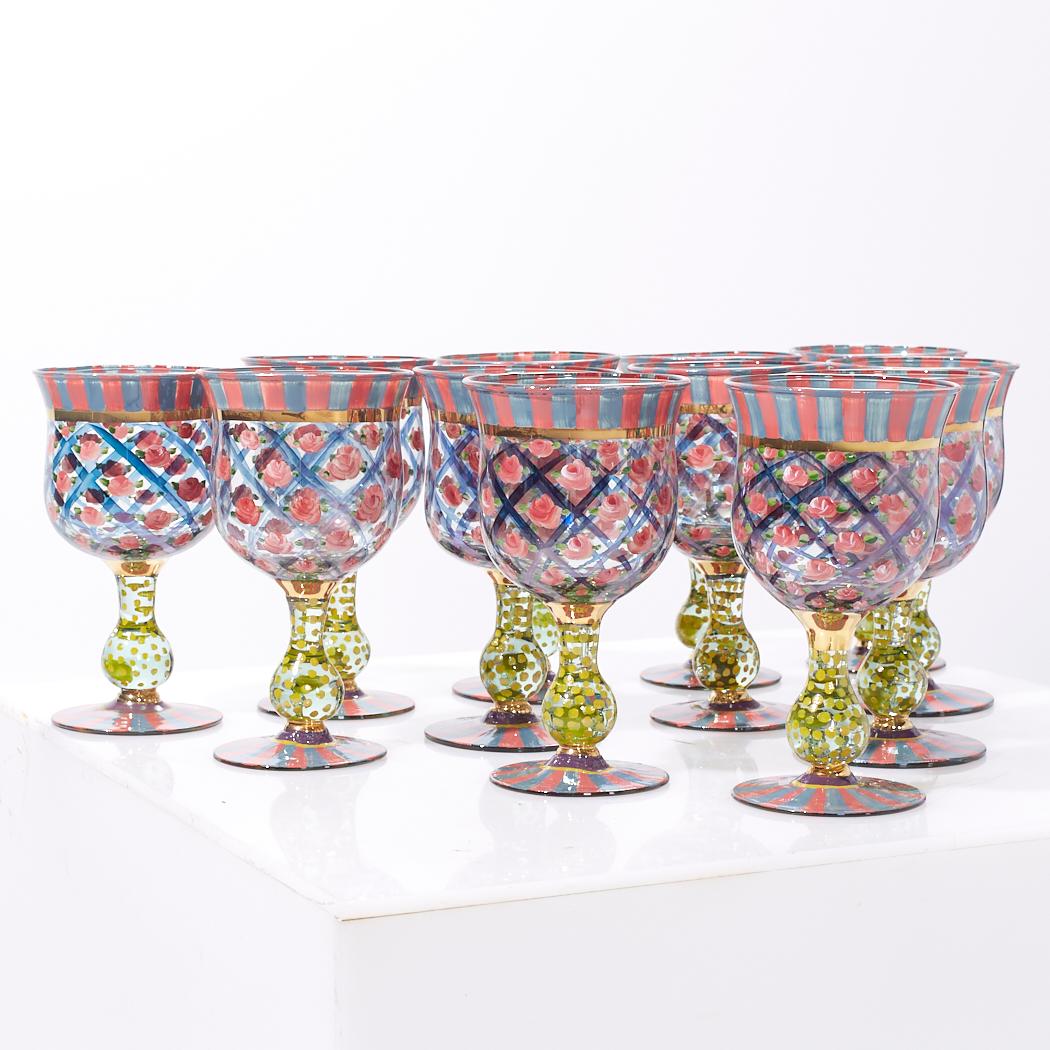 Mackenzie Childs Circus Arbor Rose Water Goblets Glasses - Set of 12 

Each goblet measures: 4 wide x 4 deep x 7 inches high

We take our photos in a controlled lighting studio to show as much detail as possible. We do not photoshop out