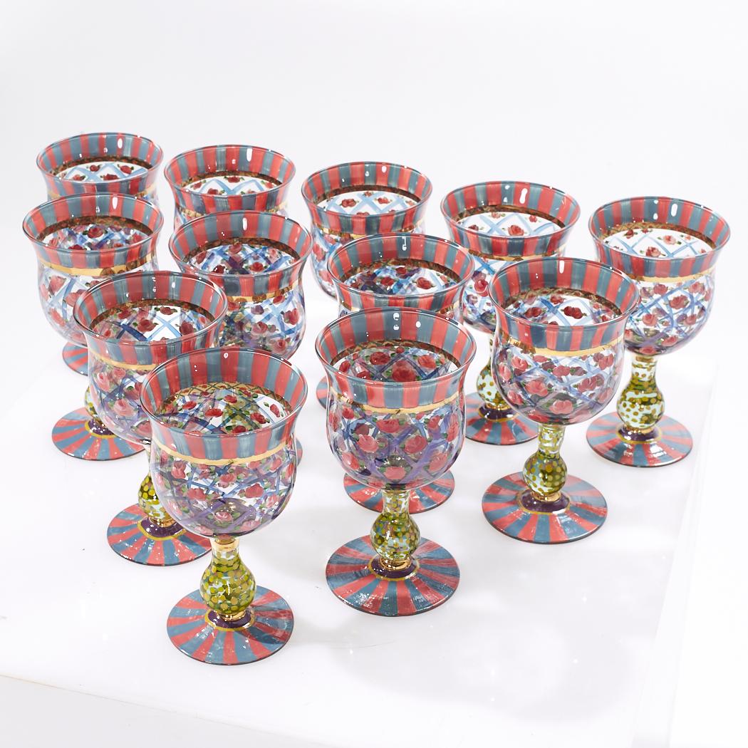 American Mackenzie Childs Circus Arbor Rose Water Goblets Glasses - Set of 12  For Sale