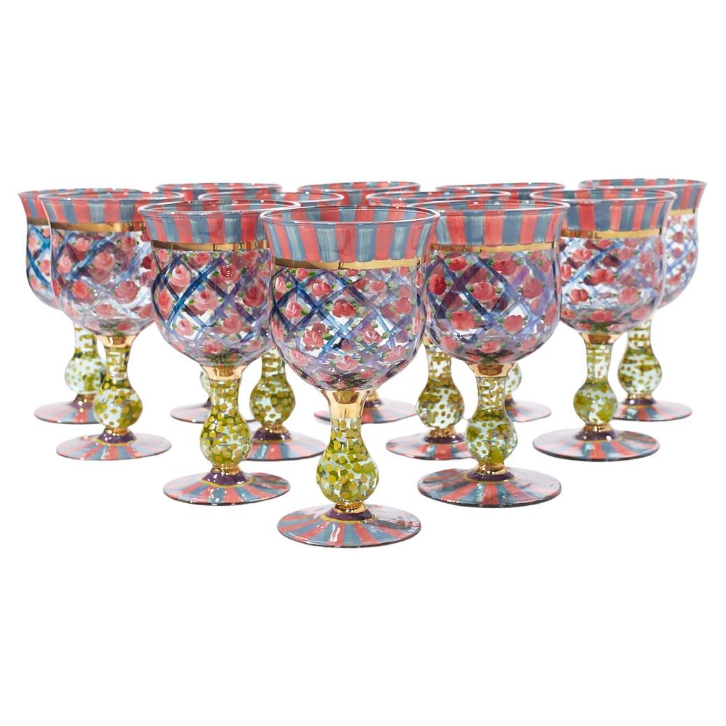 Mackenzie Childs Circus Arbor Rose Water Goblets Glasses - Set of 12  For Sale