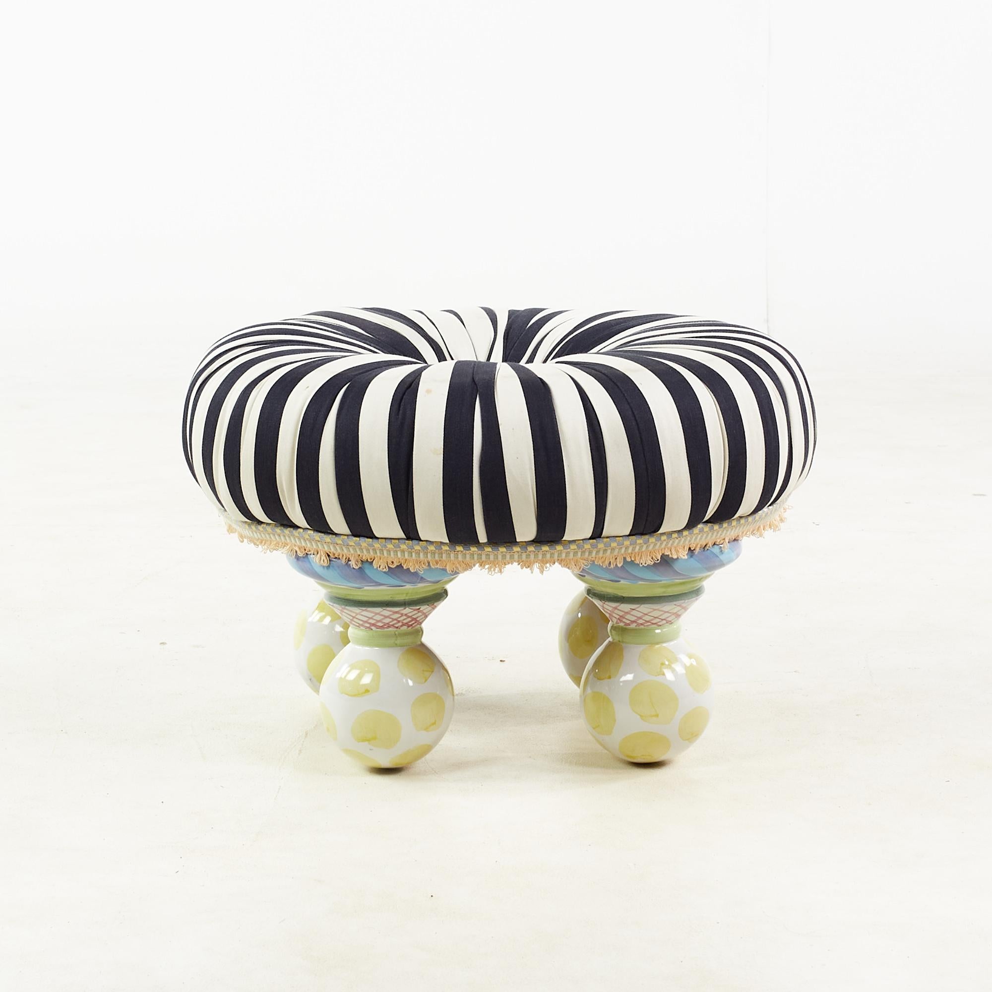 American MacKenzie Childs Contemporary Ottoman with Hand Painted Porcelain Legs