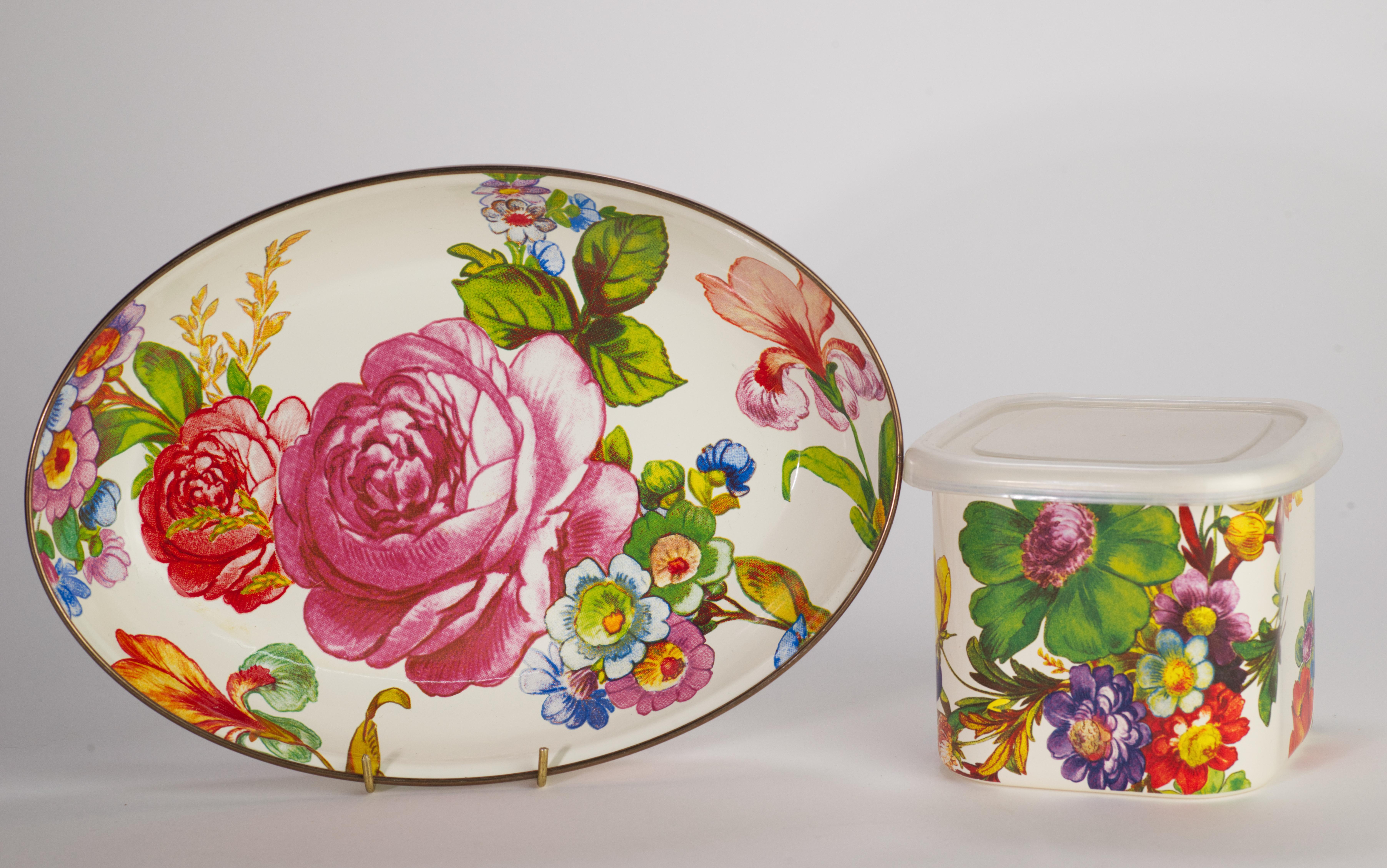  Vintage MacKenzie-Childs set of oval tray and square box with lid is decorated with Flower Market pattern on white background; the steel underbodies are color-glazed in white and decorated with hand-applied fanciful botanical transfer decorations
