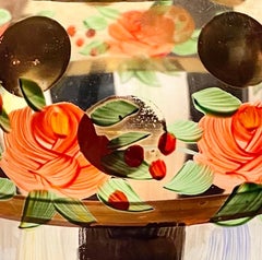 MacKenzie Childs Glass Rose Bowl Vase Heirloom  Black White Gold Stripes Dots