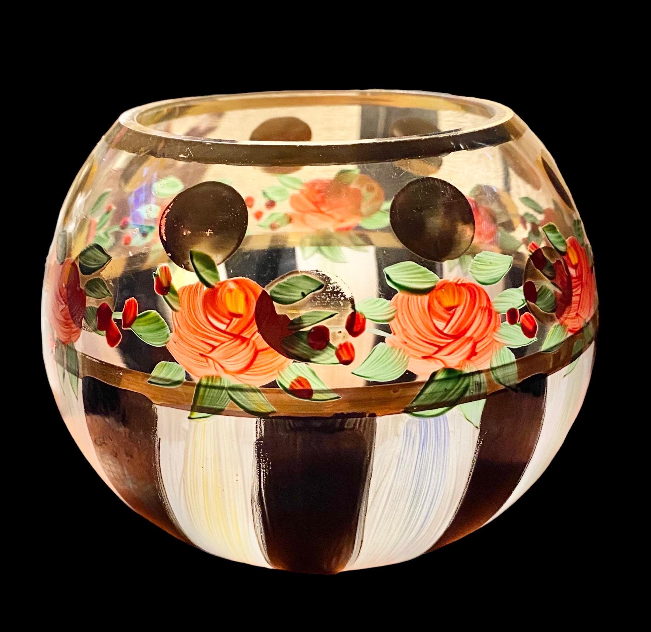 American MacKenzie Childs Glass Rose Bowl Vase Heirloom  Black White Gold Stripes Dots