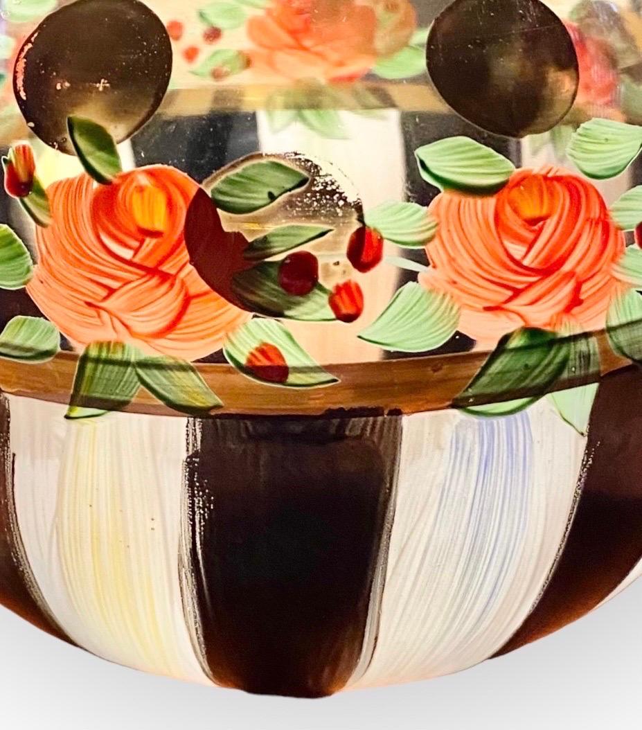 Contemporary MacKenzie Childs Glass Rose Bowl Vase Heirloom  Black White Gold Stripes Dots