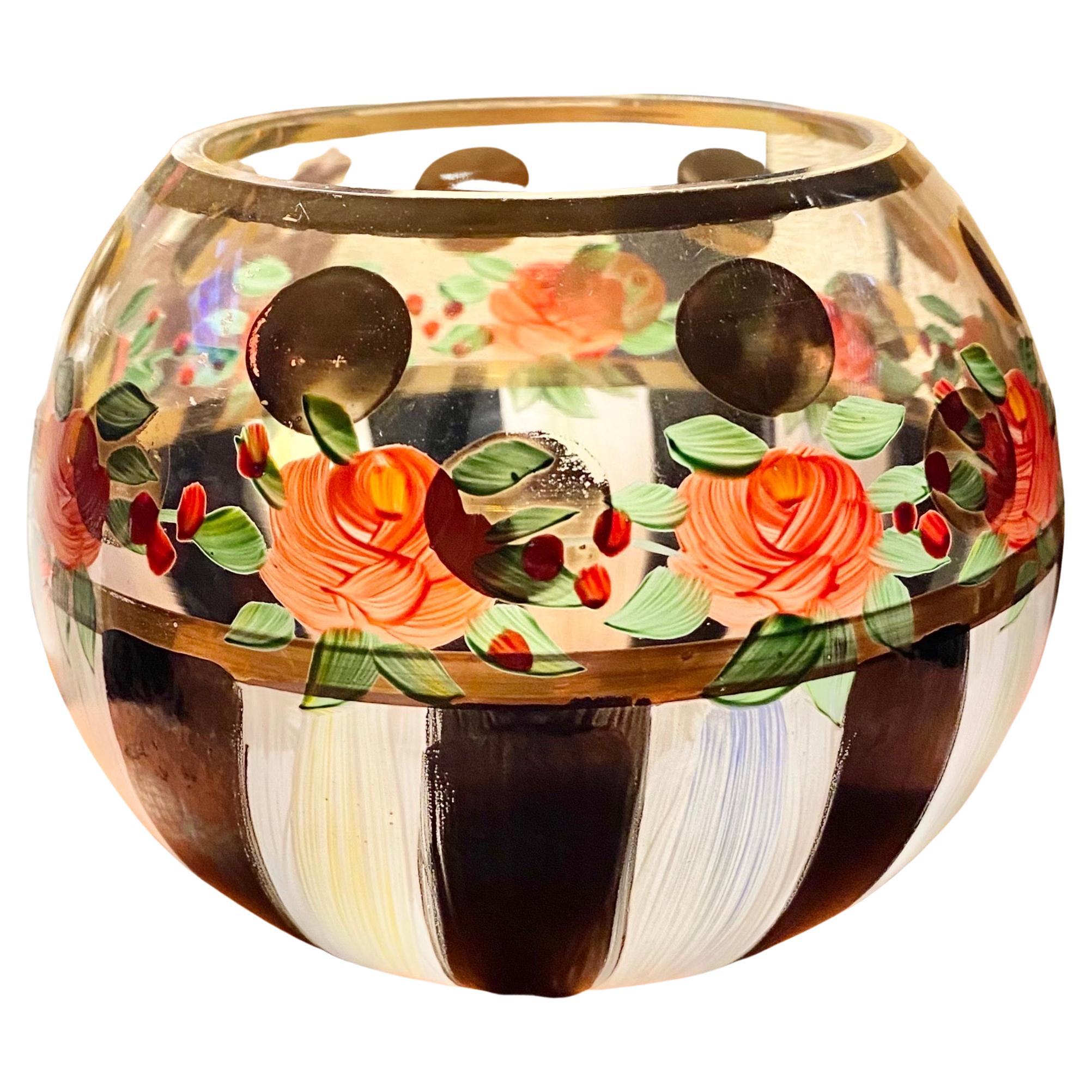 MacKenzie Childs Glass Rose Bowl Vase Heirloom  Black White Gold Stripes Dots