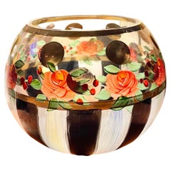 MacKenzie Childs Glas Rose Schale Vase Heirloom  Schwarz-Weißgold gestreifte Streifen-Doten