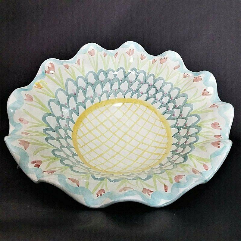 1991 Hand Painted Mackenzie Childs King Ferry Victoria Richard Serving Centerpiece Cabbage Scalloped Bowl

Approximate Measurements
17