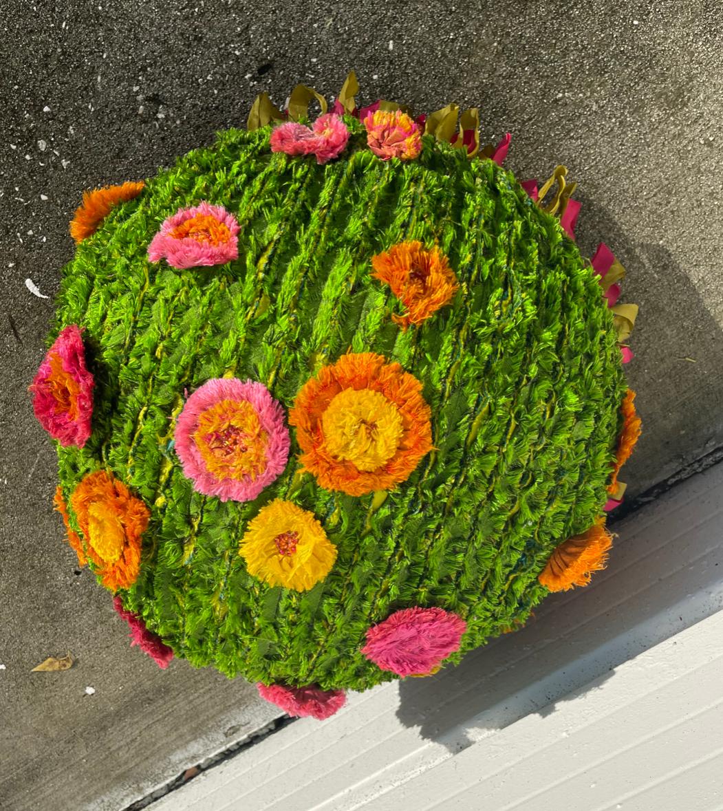 Mackenzie childs meadow moss handmade floral ottoman or stool, green pink orange. Gorgeous rarity.