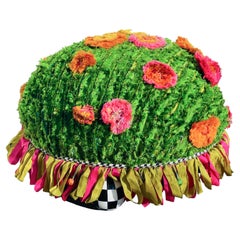 Mackenzie Childs Meadow Moss Handmade Floral Ottoman or Stool, Green Pink Orange