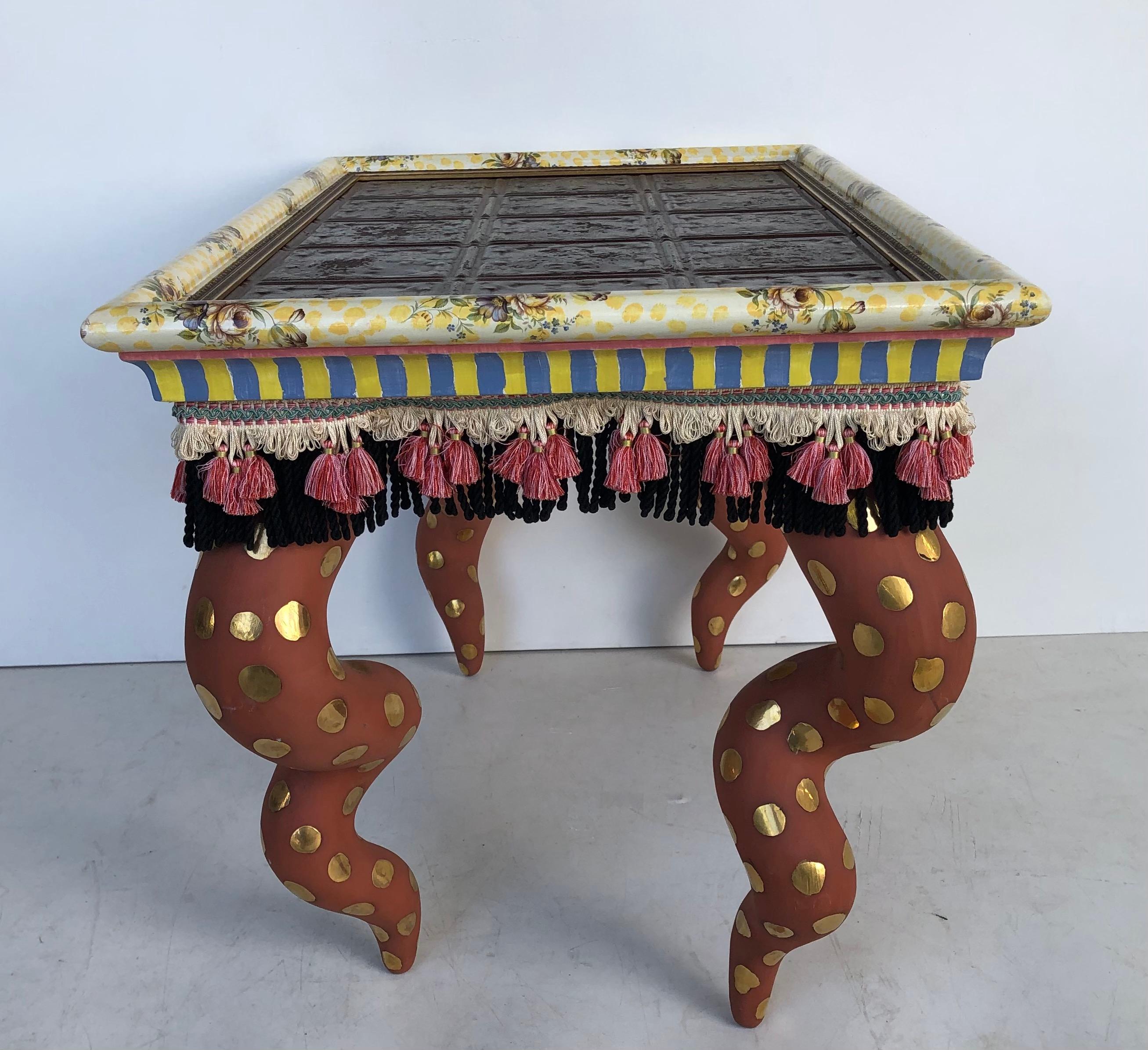 American Mackenzie Childs Painted Ceramic/Wood Coffee Table with Tiles, Tassels, Signed