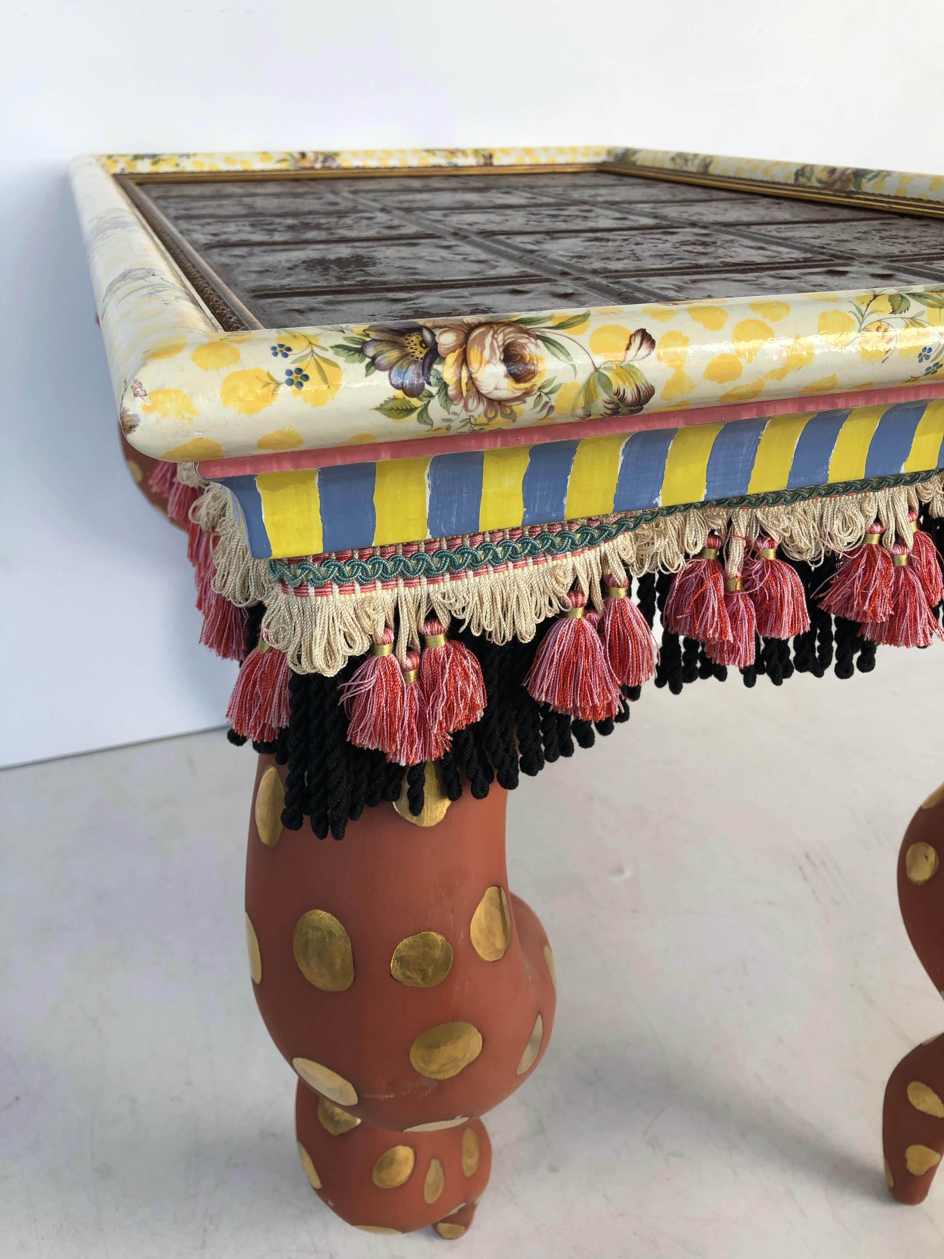 Mackenzie Childs Painted Ceramic/Wood Coffee Table with Tiles, Tassels, Signed In Good Condition In Miami, FL