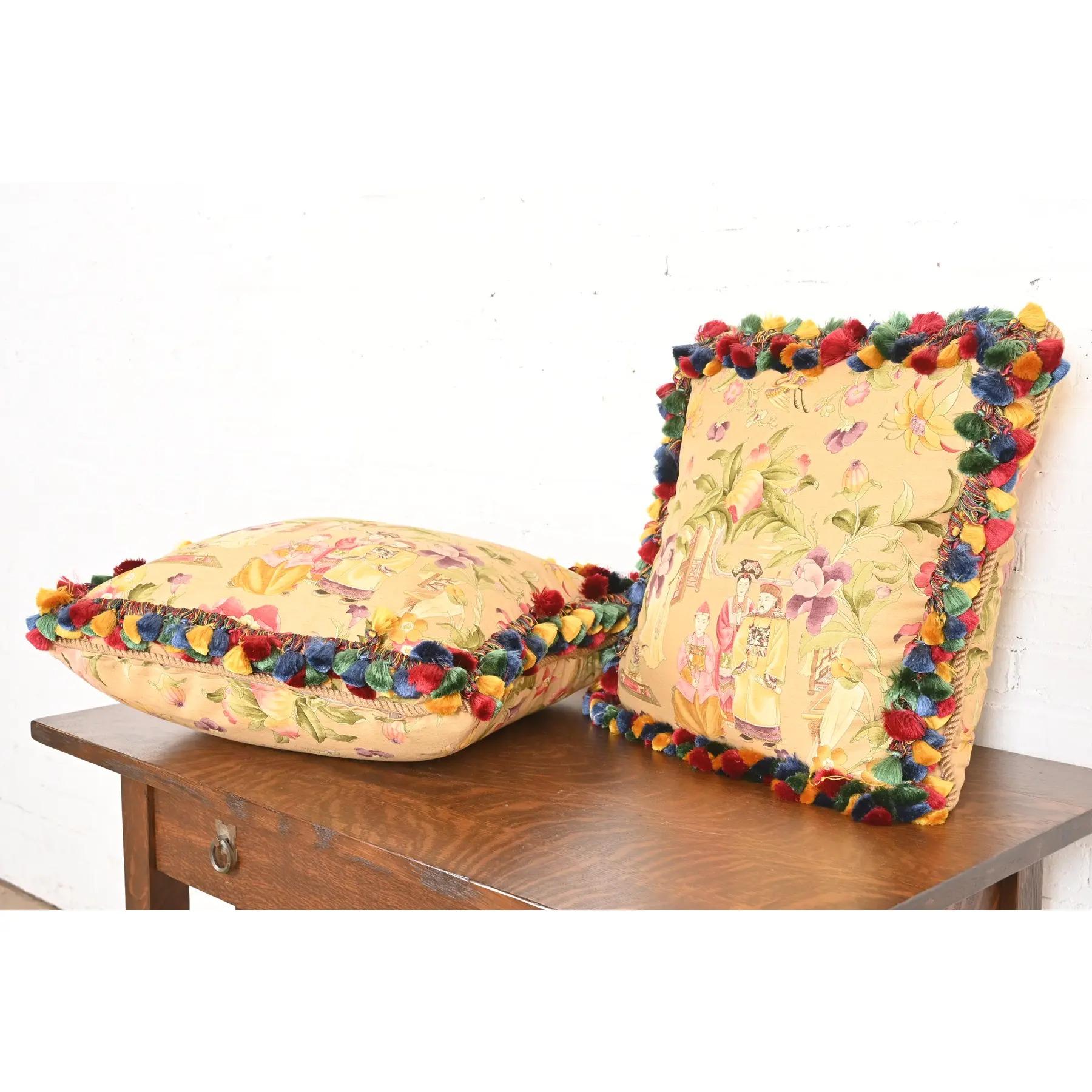 Mackenzie Childs Style Chinoiserie Accent Pillows, Pair In Good Condition For Sale In South Bend, IN