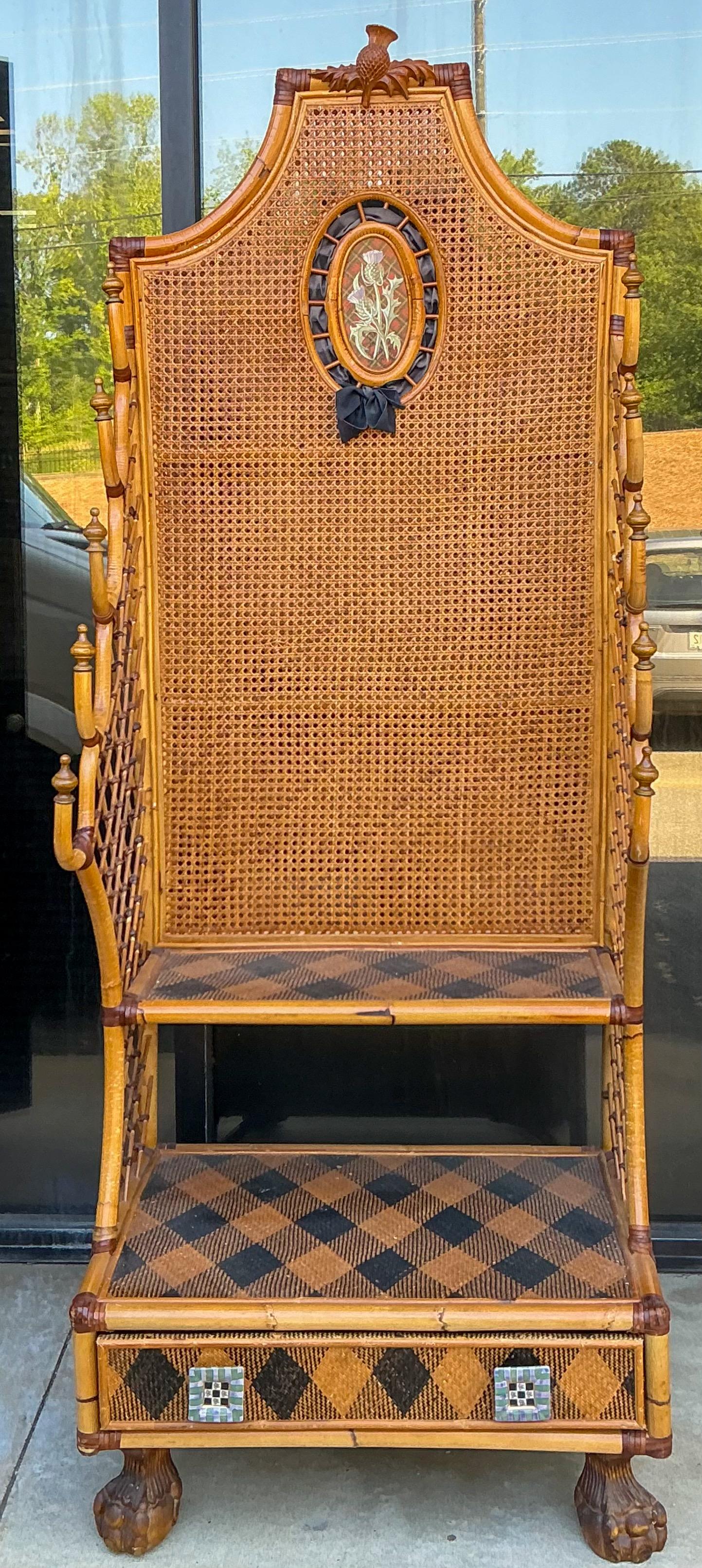 Mackenzie-Childs Tartan Plaid Cane & Bamboo Hall Tree Towel / Magazine Rack In Good Condition In Kennesaw, GA