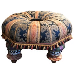 Mackenzie Childs Vintage Ottoman with Ceramic Polychrome Feet and Woven Cane