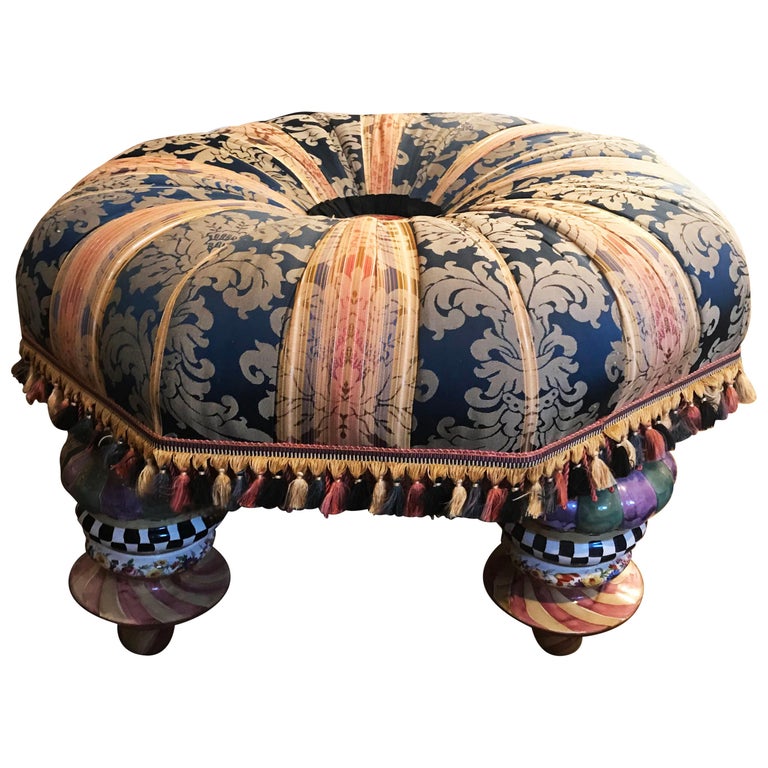 Mackenzie Childs Vintage Ottoman with Ceramic Polychrome Feet and Woven Cane at 1stDibs