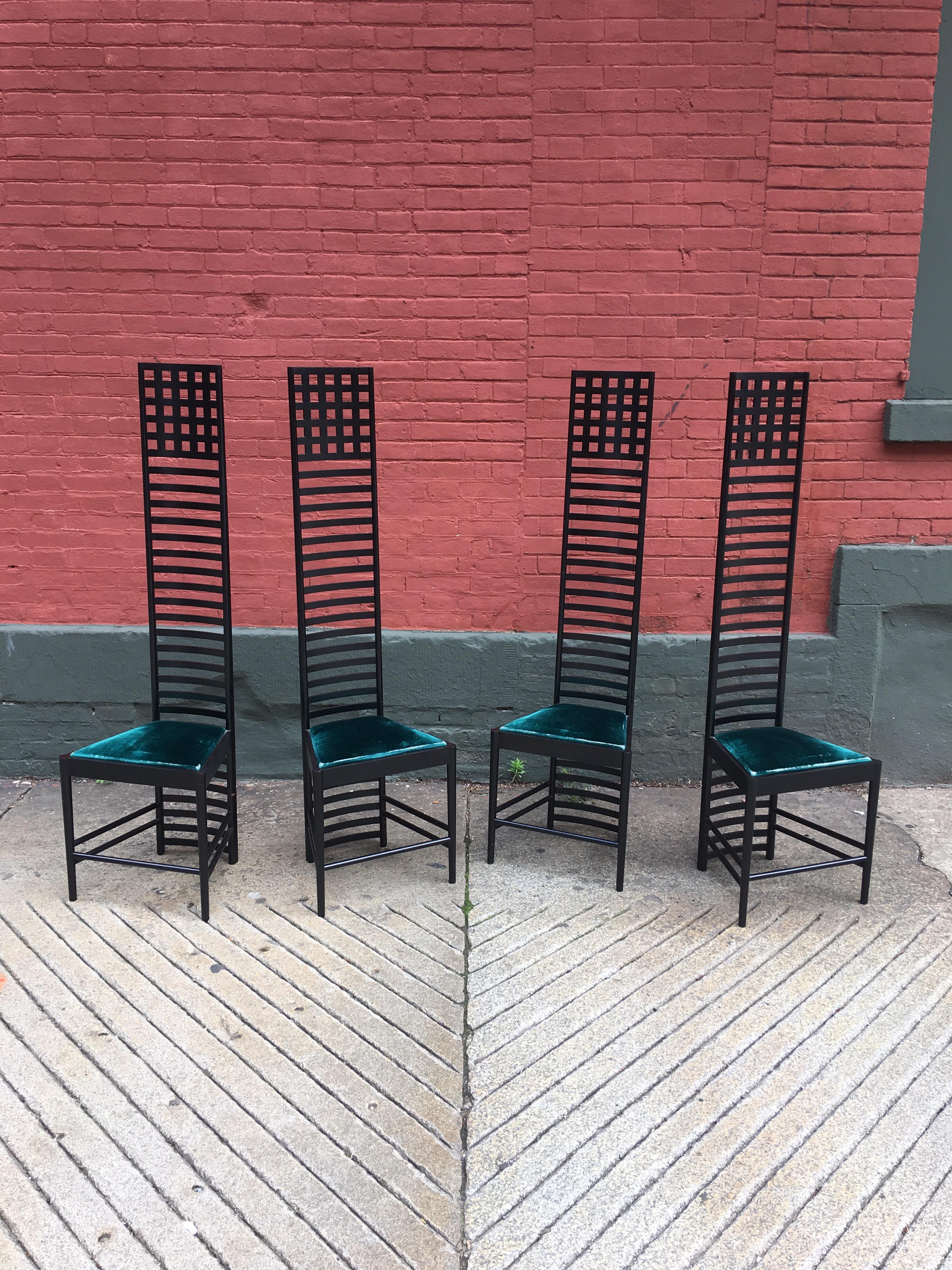 Mackintosh designed almost every aspect of the Hill House for his client Walter Blackie a publisher. Cassina started to produce these chairs in 1973. This Set is from the mid-1980s. Chairs in very nice original condition, solid structurally, seat