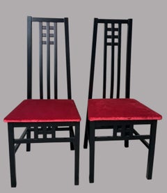 Mackintosh Style Pair Italian Black Lacquered Wood Chairs Red Velvet Upholstery