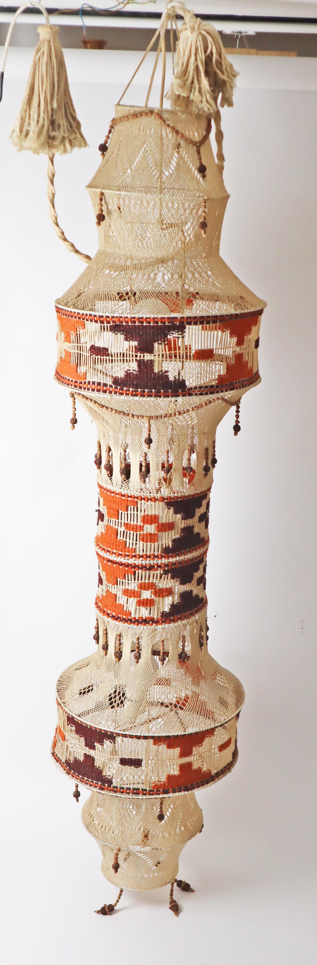 Hand-Woven Macrame Boho Staircase Hanging Lamp in the Style of Native American, 1970s For Sale