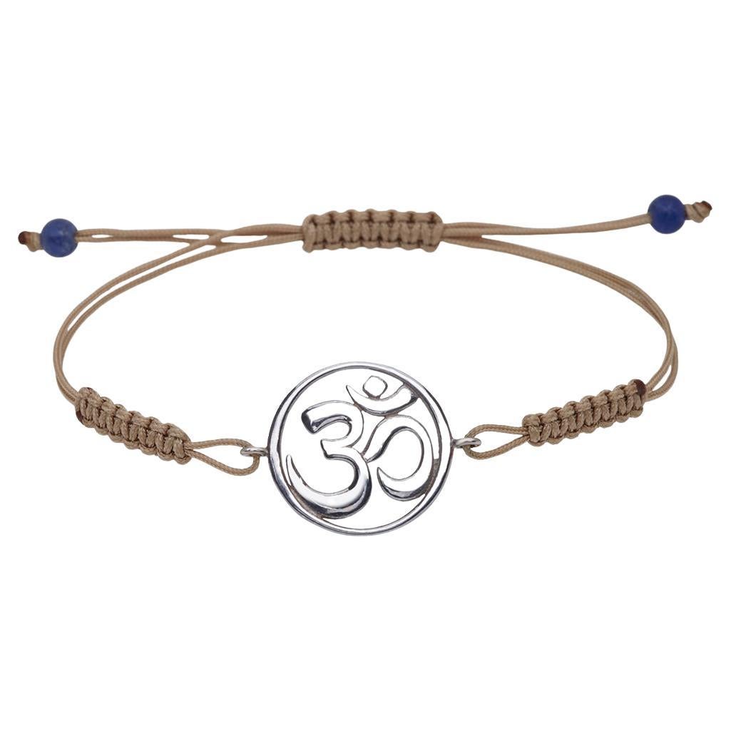 Macrame Bracelet Om Symbol 14Kt White Gold with Brown Cord Lapis Gift for Her For Sale