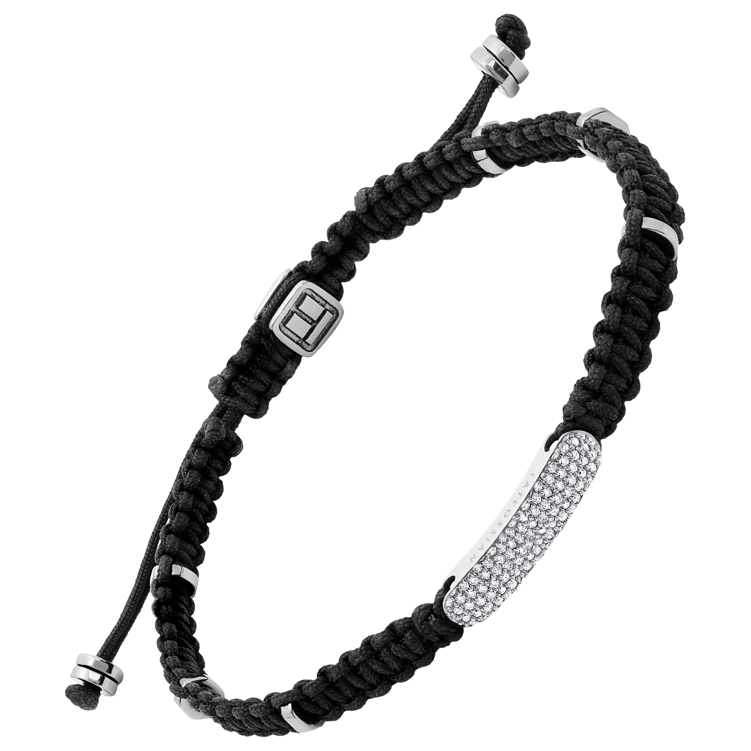 Diamond Baton bracelet in black macramé and sterling silver - Medium