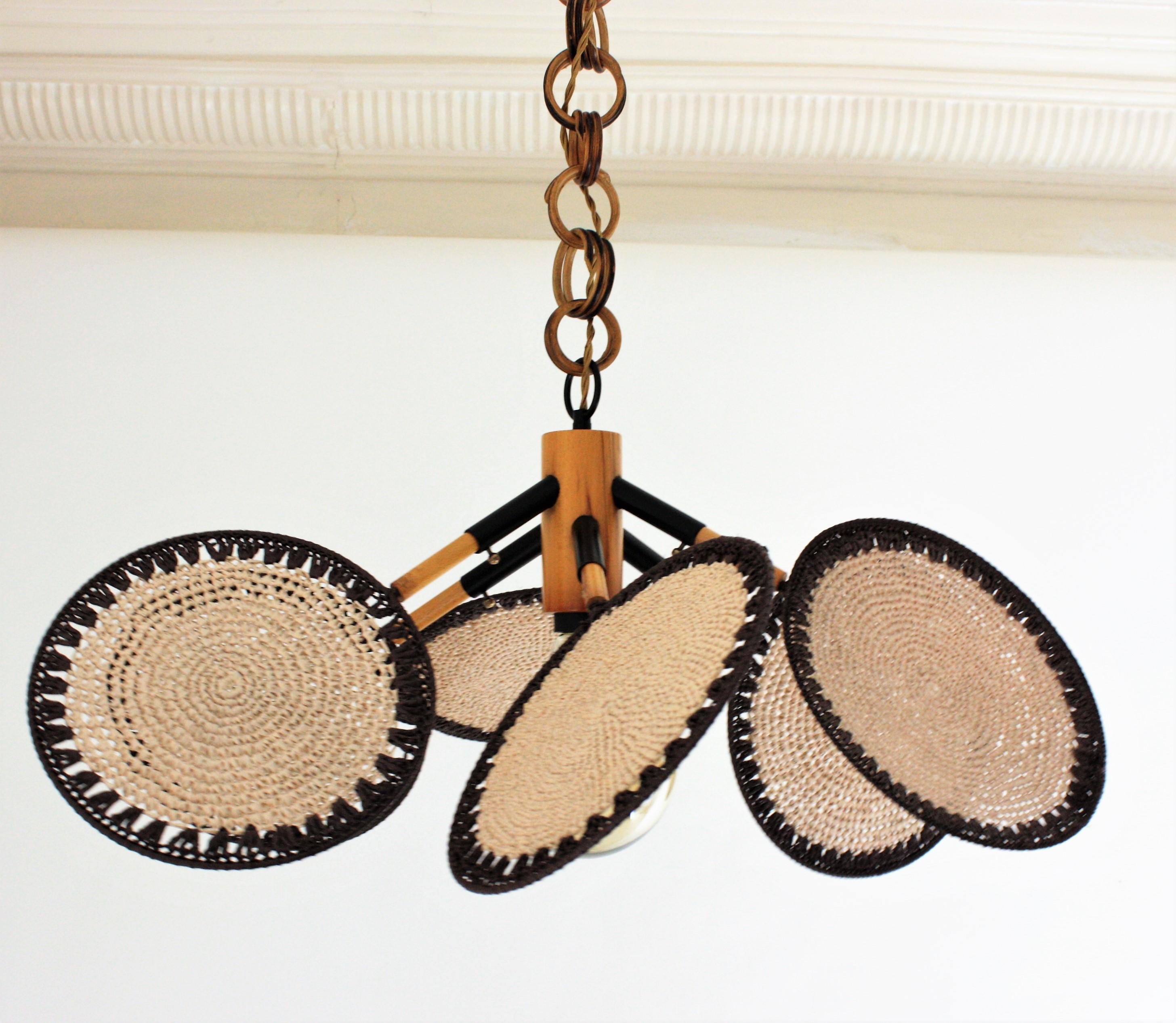 Macrame Fiber-Rattan-Kronleuchter „Uchiwa“ / Hängeleuchte, 1970er Jahre im Angebot 4