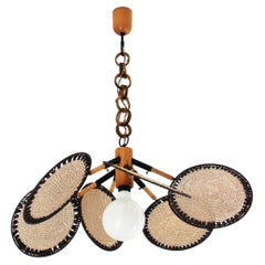 Hand-Knotted Macramé 'Uchiwa' Chandelier in Acrylic Cord, Rattan and Wood, 1970s
