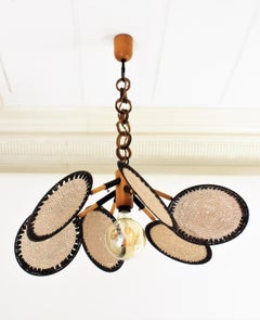 Macrame Fiber and Rattan 'Uchiwa' Chandelier or Pendant, 1970s