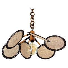 Hand-Knotted Macramé 'Uchiwa' Chandelier in Acrylic Cord, Rattan and Wood, 1970s
