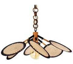 Macrame Fiber and Rattan 'Uchiwa' Chandelier or Pendant, 1970s