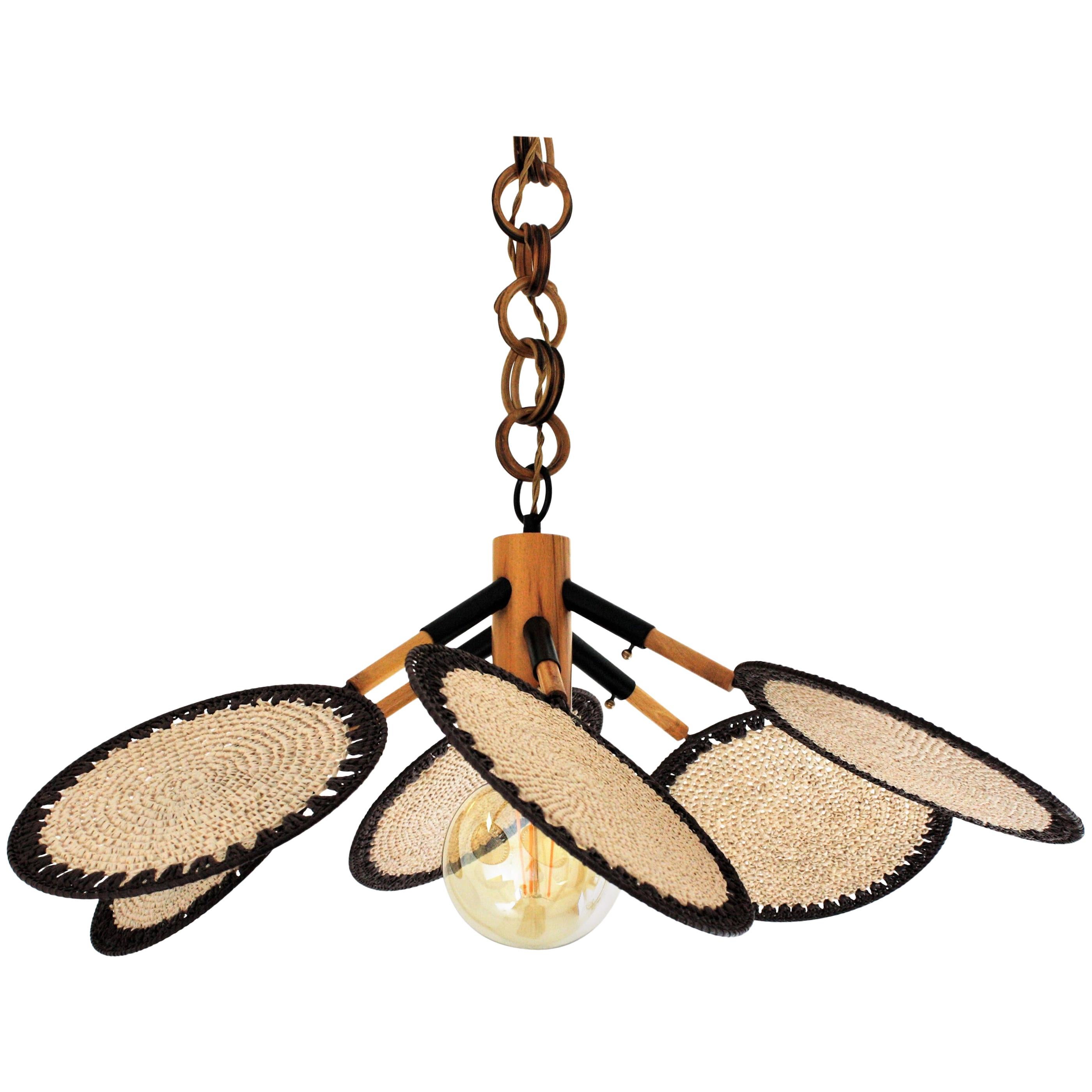 Macrame Fiber Rattan 'Uchiwa' Chandelier / Pendant, 1970s