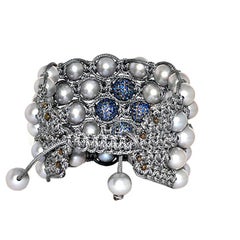 Macrame Pearl & Pave Blue Sapphire Bracelet In Silver