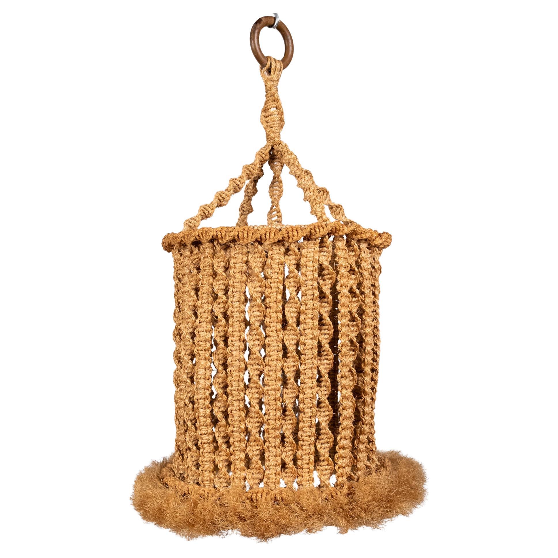 Macramé rope pendant lamp in the style of Audoux et Minet, France, 1960s For Sale
