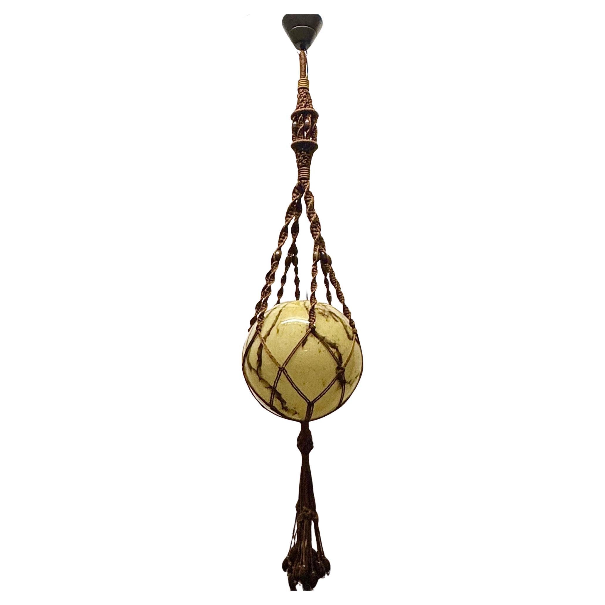 Macramé Style Pendant with Large German Marbled Opal Glass Ball, 1920s