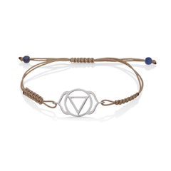 Macrame Yoga Bracelet Ajna Third Eye Chakra 14Kt White Gold Brown Cord Lapis
