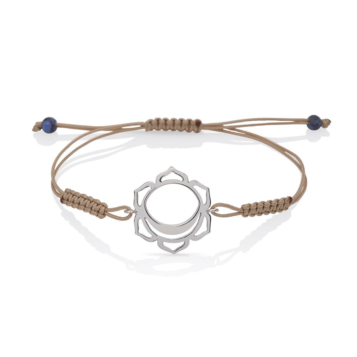 Macrame Yoga Bracelet with Svadhisthana the Sacral (Sex) Chakra in 14Kt White Gold, Brown Cord and Lapis Lazuli beads
A very beautiful and wearable macrame bracelet made of 14Kt Gold with the Svadhisthana, the Sex Chakra. It will match with