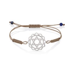 Macrame Yoga Bracelet with Anahata Heart Chakra in 14 Kt White Gold Brown Cord