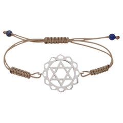 Macrame Yoga Bracelet with Anahata Heart Chakra in 14 Kt White Gold Brown Cord