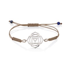Macrame Yoga Bracelet with Root Muladhara Chakra 14 Kt White Gold Brown Cord