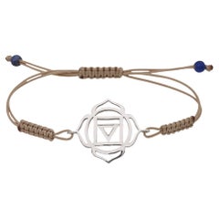Macrame Yoga Bracelet with Root Muladhara Chakra 14 Kt White Gold Brown Cord