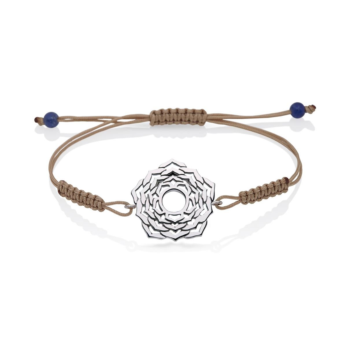 Macrame Yoga Bracelet with Sahasrara the Crown Chakra in 14Kt White Gold with Brown Cord and Lapiz lazuli beads
A very beautiful and wearable macrame bracelet made of 14Kt Gold with the Sahasrara - the Crown Chakra. It will match with everything in