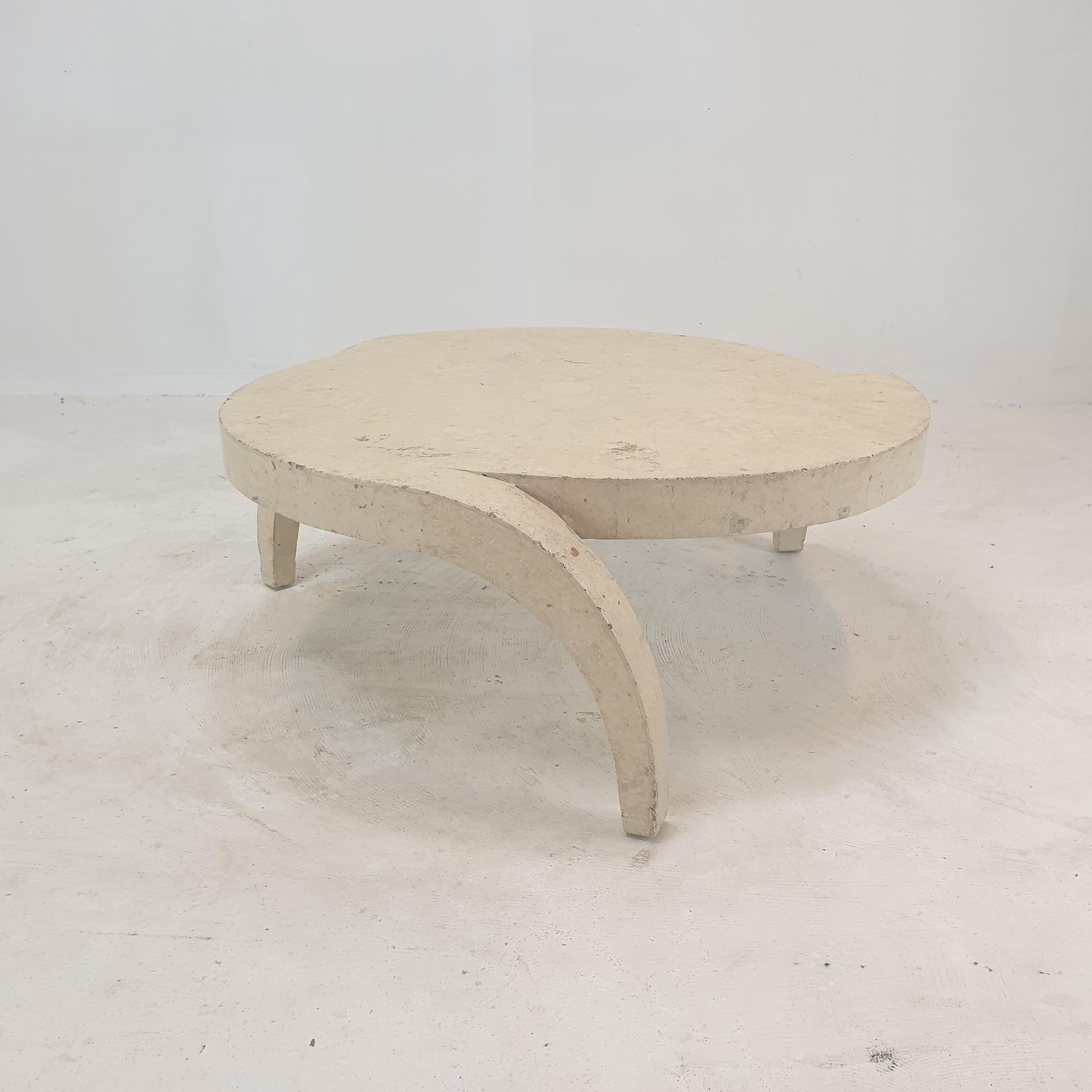 Very nice and rare coffee or side table, 1980s.

This stunning table is made of rough edged brick motif Mactan stone or Fossil stone.
The weight is around 15 kg (55 lbs).

We work with professional packers and shippers, we can deliver worldwide