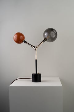 Organic Modern Table Lamp Lost-Wax Bronze Vermilion and Smoke Blown Glass Globes