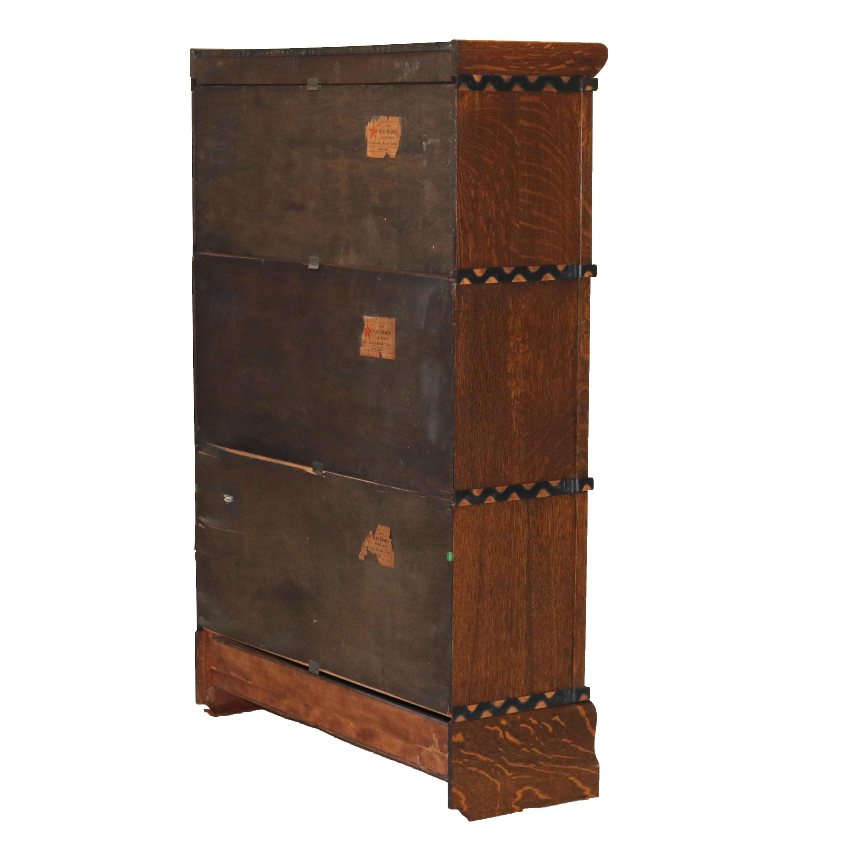 Macy's Arts & Crafts Mission Oak & Leaded Glass Stack Barrister Bookcase c1920 in vendita 7