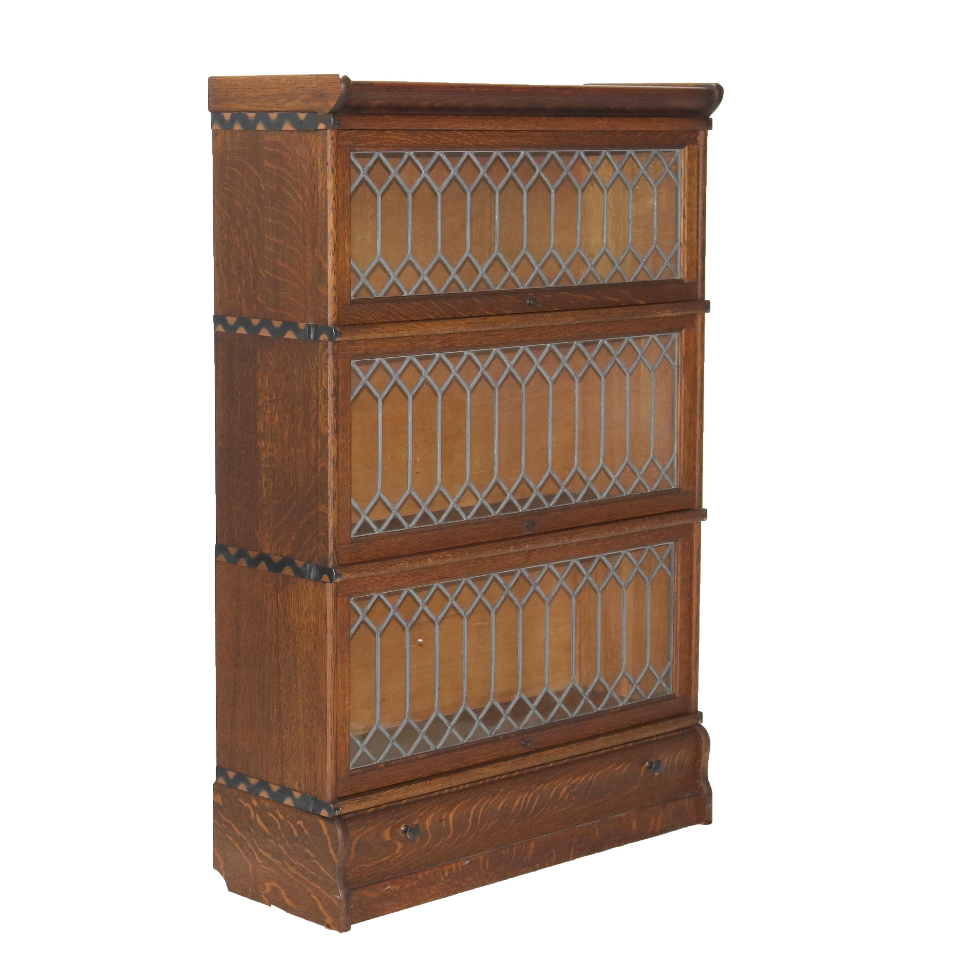 Macy's Arts & Crafts Mission Oak & Leaded Glass Stack Barrister Bookcase c1920 in vendita 8