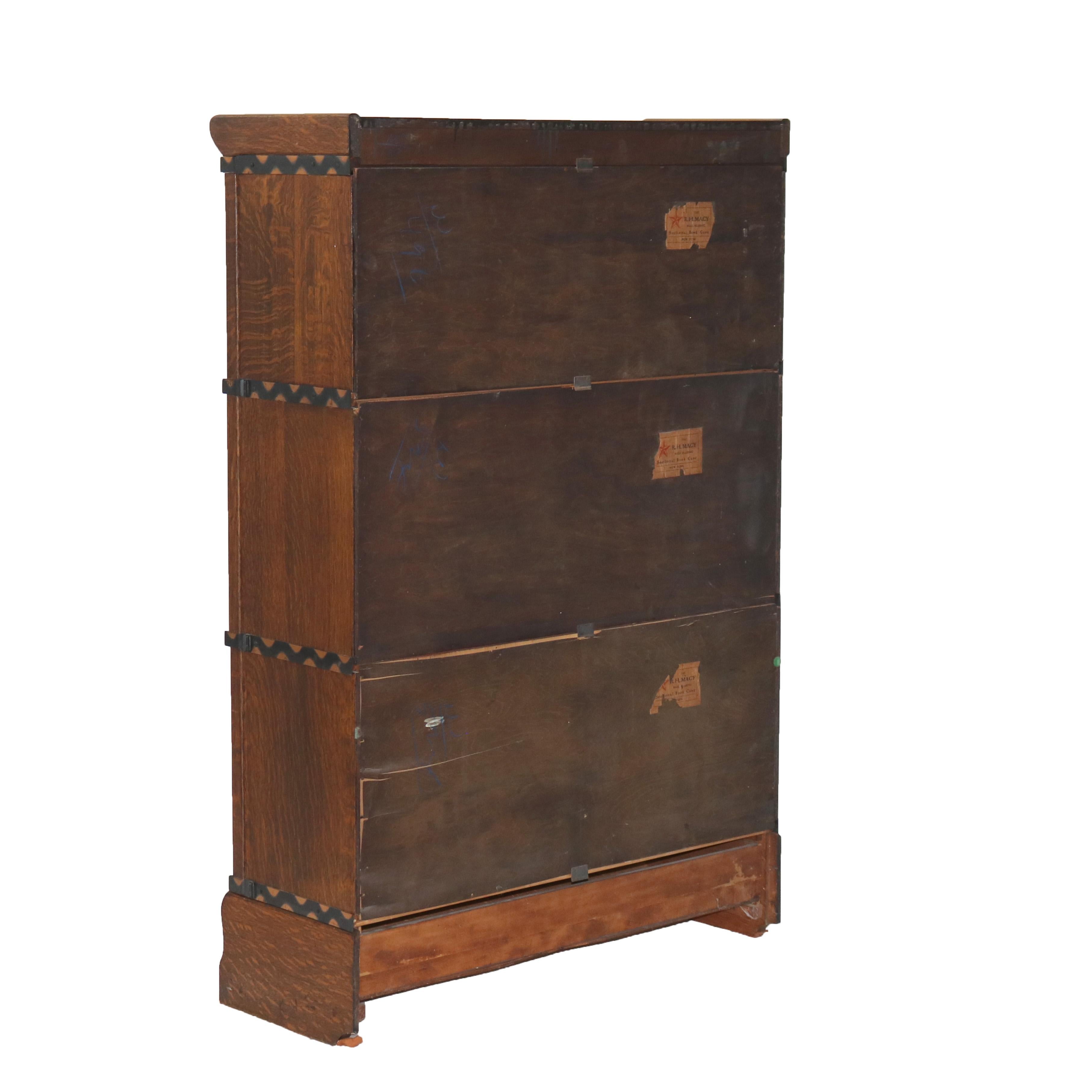 Macy's Arts & Crafts Mission Oak & Leaded Glass Stack Barrister Bookcase c1920 in vendita 2