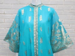 Macy's Aqua Blue & Silver Lamé Caftan Dress, 1960's