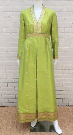 Macy's Chartreuse Green Sari Style Caftan Dress, 1960's