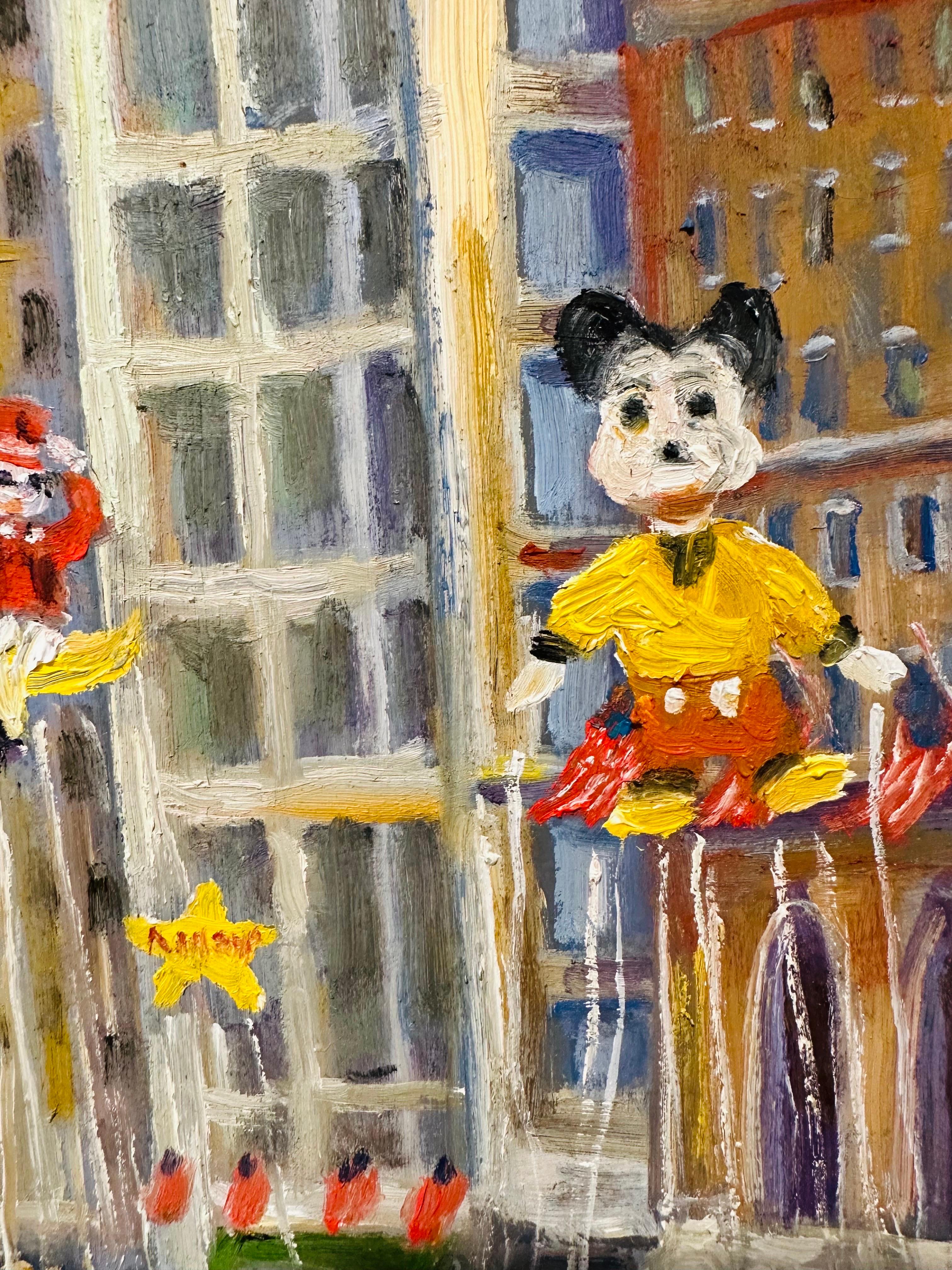 Impressionist New York City Macy's Thanksgiving Day Parade scene depicting Mickey Mouse and other famous friends in a cheerful and energetic way. Holiday goers and ballon handler’s fill the streets with anticipation of what's to come. From early